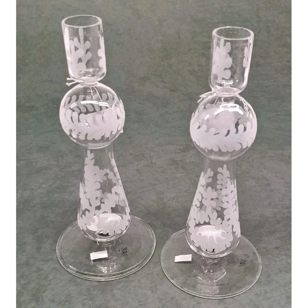 Pottery Barn Set of (2) Etched Glass Taper Candle Holders 8-1/4 Inches Tall- NWT